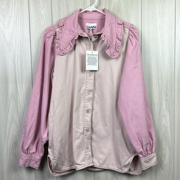 Ganni Womens Oversized Cutline Denim Jacket Top 32 Pink Long Sleeve NEW Button - Picture 2 of 7